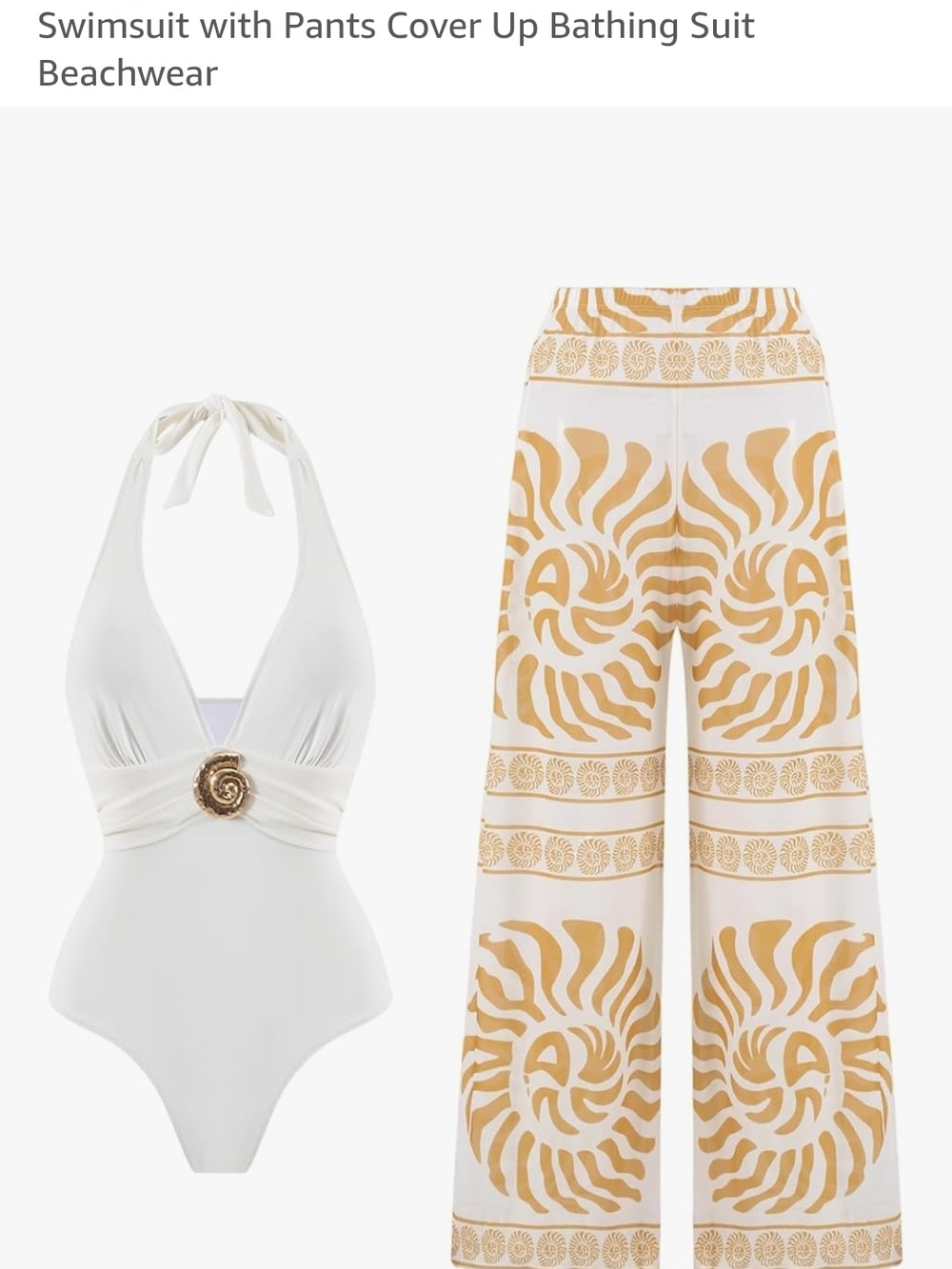 White Halter One-Piece Swimsuit with White & Tan Wide-Leg Printed Pants